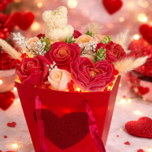 Valentine's Bear Candle Bouquet-Αρωματική Κέρινη Σύνθεση με LED Φωτισμό & Αρκουδάκι